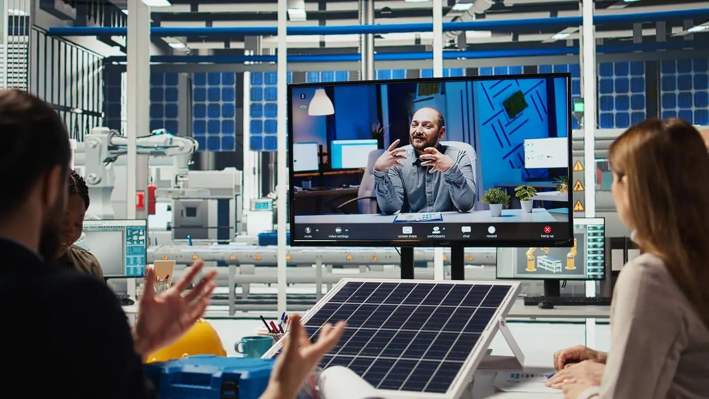 Forschende einer Photovoltaikanlage führen einen Videoanruf durch, um die Energieproduktion zu optimieren.