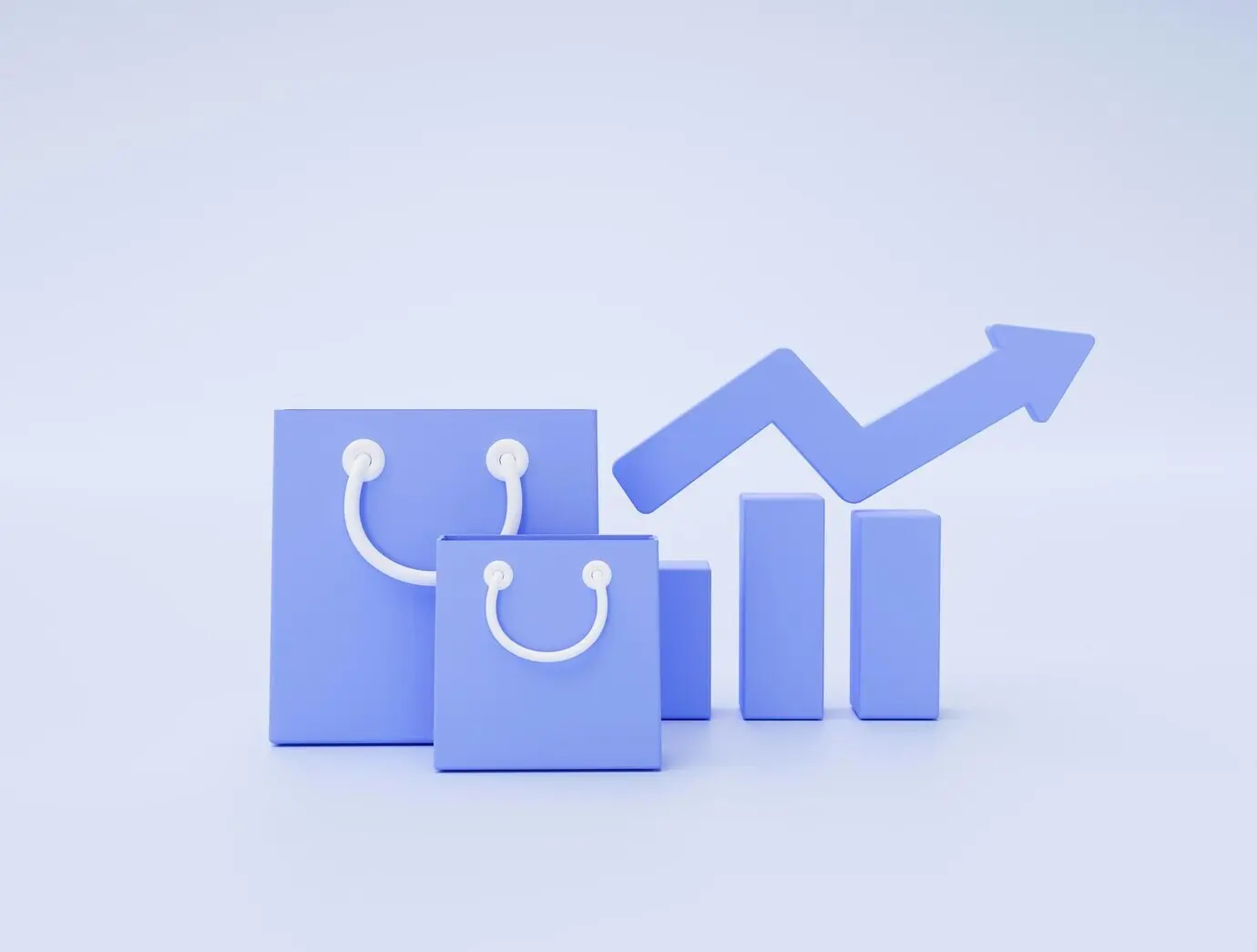 Einkaufstasche und Balkendiagramm mit Pfeil, E-Commerce-Konzept auf blauem Hintergrund, 3D-Illustration.